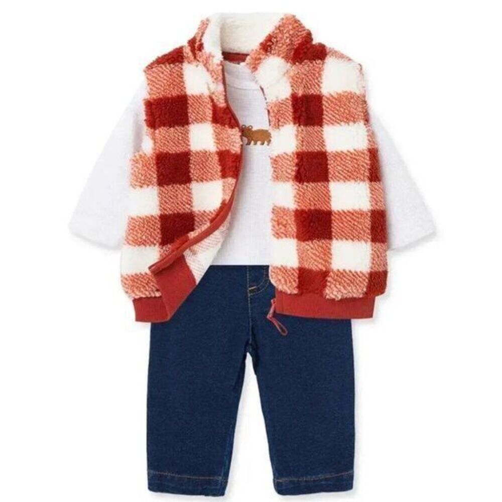 Little Me Buffalo Check Sherpa Vest Cotton Bodysuit, Denim Pants Set Size 3m New